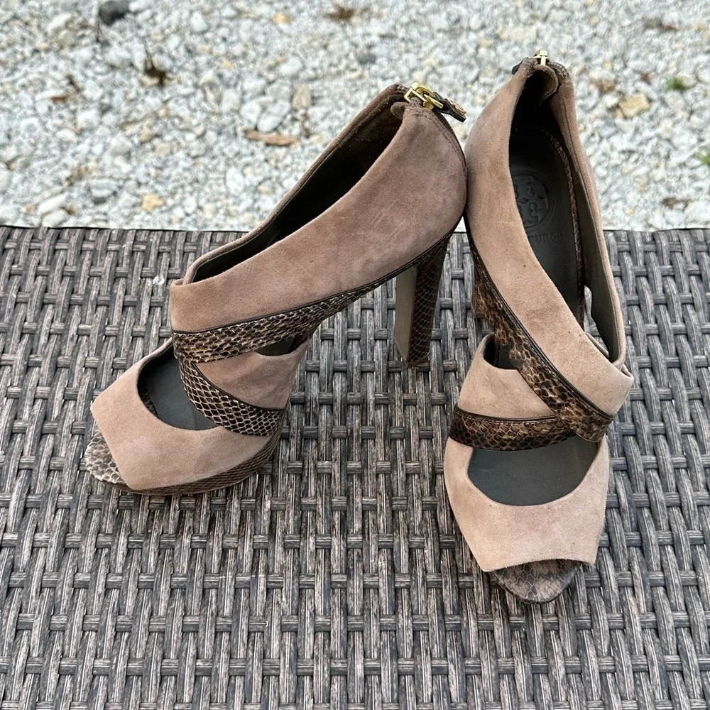 Tory Burch Tan and Brown Heels with Snake Print